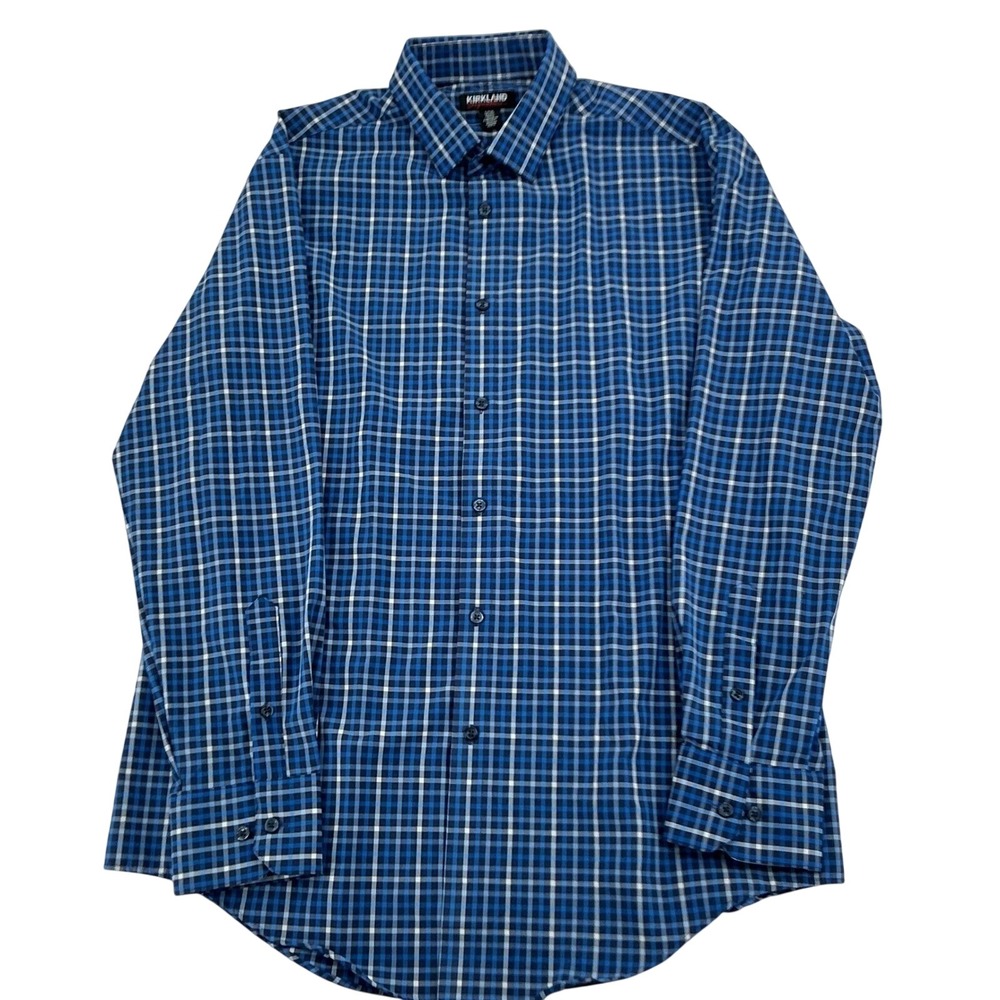 Kirkland Signature Performance Shirt Mens Large Blue Plaid Stretch Button Down